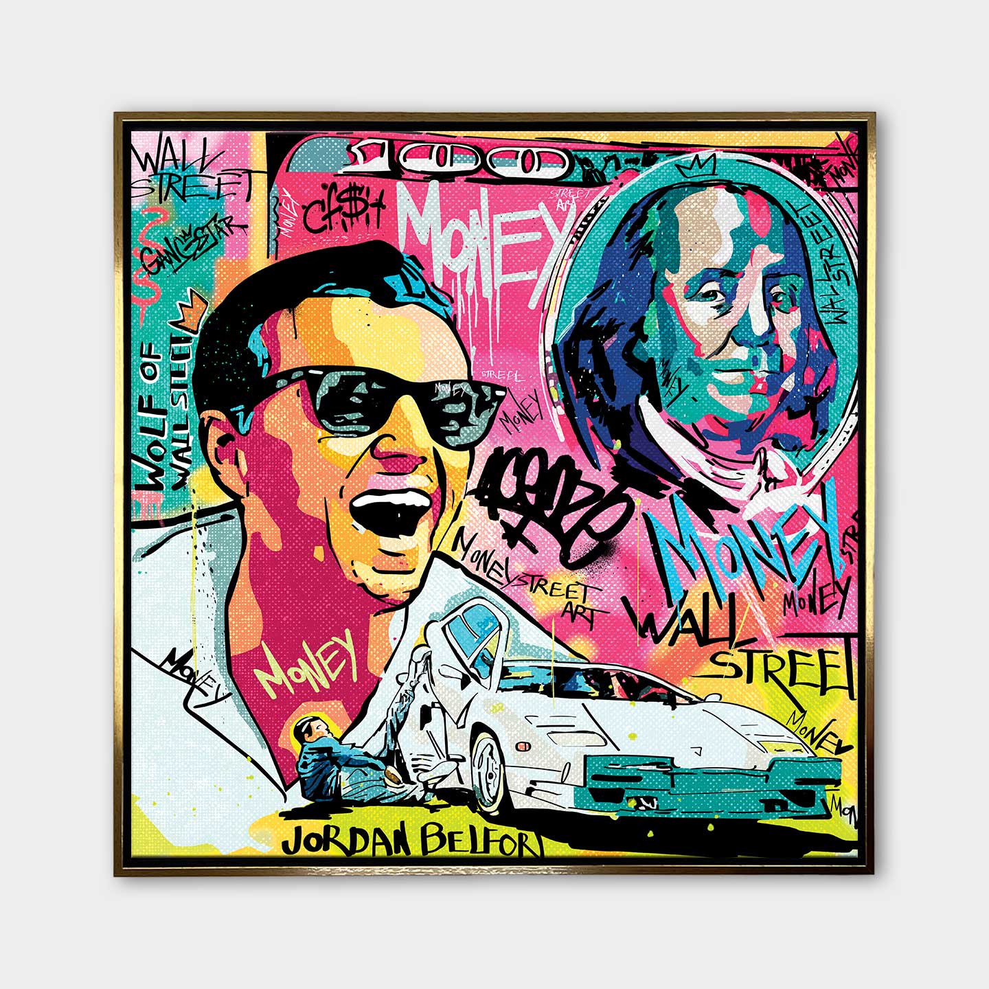 Obraz na płótnie „Wolf Mode On” przedstawiający Jordana Belforta (Wilka z Wall Street) w stylu pop art z motywami pieniędzy, Lamborghini i graffiti.