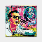 Obraz na płótnie „Wolf Mode On” przedstawiający Jordana Belforta (Wilka z Wall Street) w stylu pop art z motywami pieniędzy, Lamborghini i graffiti.