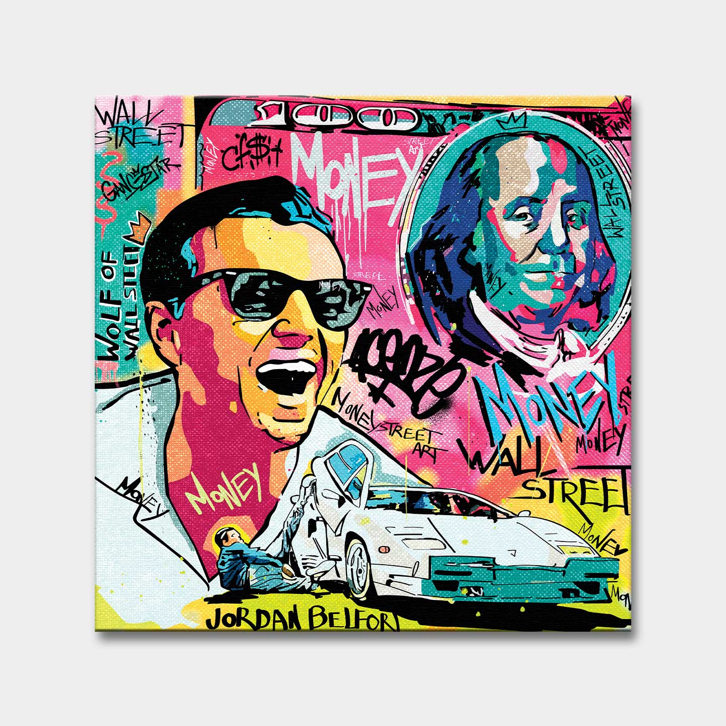 Obraz na płótnie „Wolf Mode On” przedstawiający Jordana Belforta (Wilka z Wall Street) w stylu pop art z motywami pieniędzy, Lamborghini i graffiti.