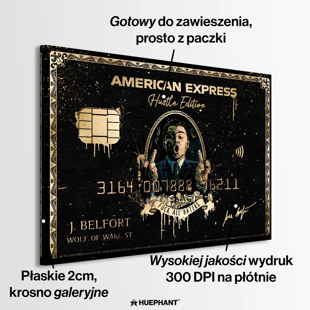 Obraz na płótnie przedstawiający czarno-złotą kartę kredytową z wizerunkiem Jordana Belforta, inspirowany stylem „Wolf of Wall Street”, w limitowanej edycji.
