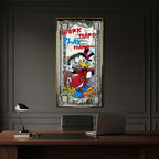 Obraz na płótnie Work Hard Play Hard Duck z komiksową kaczą postacią, monetami i stylizowanym banknotem, pop-artowy wydruk galeryjny.