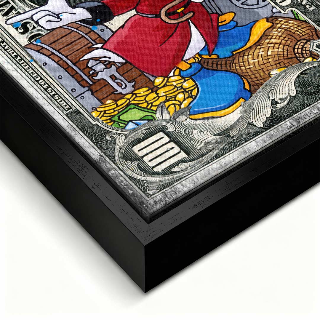 Obraz na płótnie Work Hard Play Hard Duck z komiksową kaczą postacią, monetami i stylizowanym banknotem, pop-artowy wydruk galeryjny.