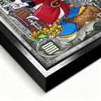 Obraz na płótnie Work Hard Play Hard Duck z komiksową kaczą postacią, monetami i stylizowanym banknotem, pop-artowy wydruk galeryjny.
