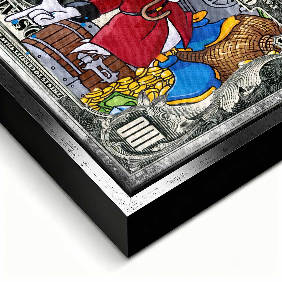 Obraz na płótnie Work Hard Play Hard Duck z komiksową kaczą postacią, monetami i stylizowanym banknotem, pop-artowy wydruk galeryjny.