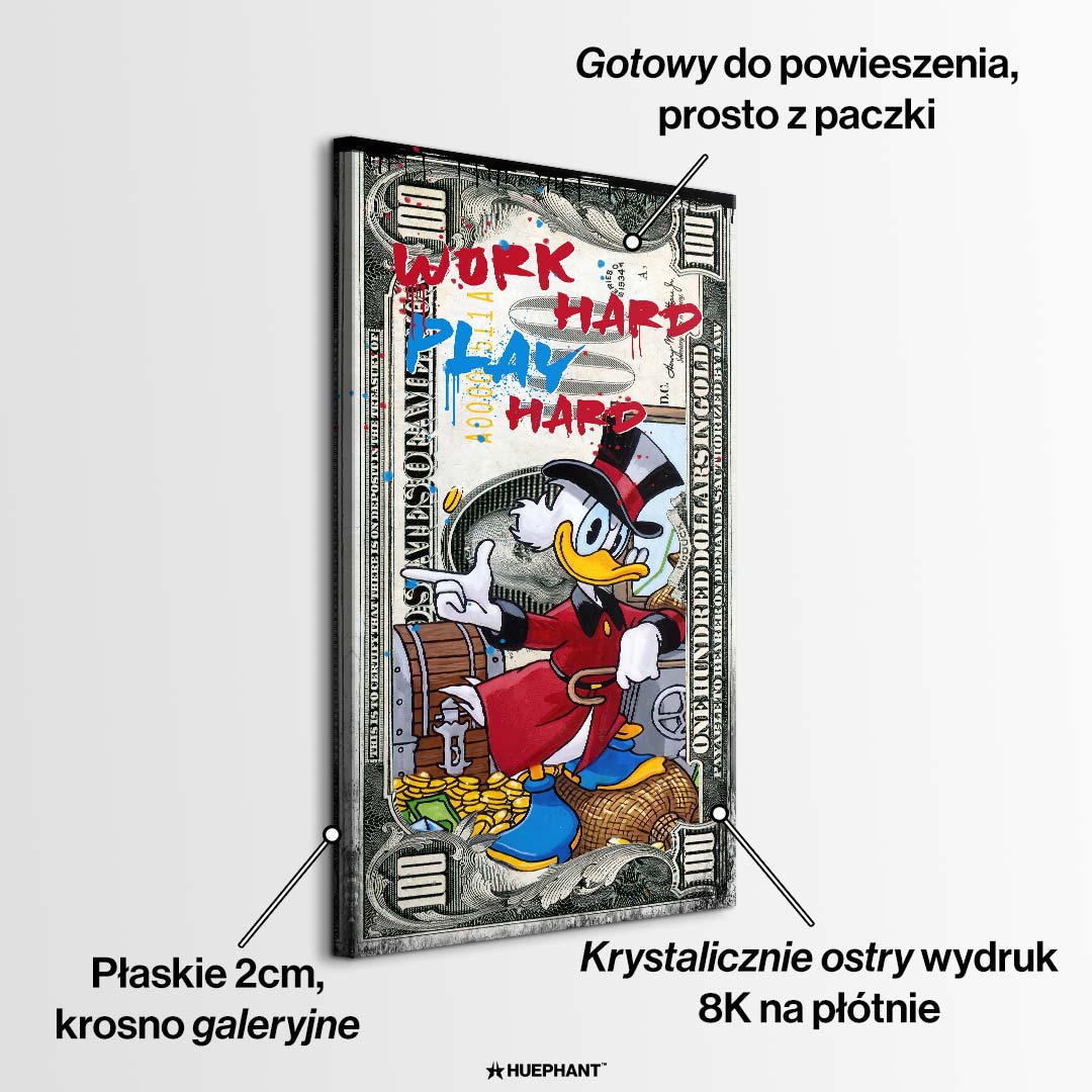 Obraz na płótnie Work Hard Play Hard Duck z komiksową kaczą postacią, monetami i stylizowanym banknotem, pop-artowy wydruk galeryjny.