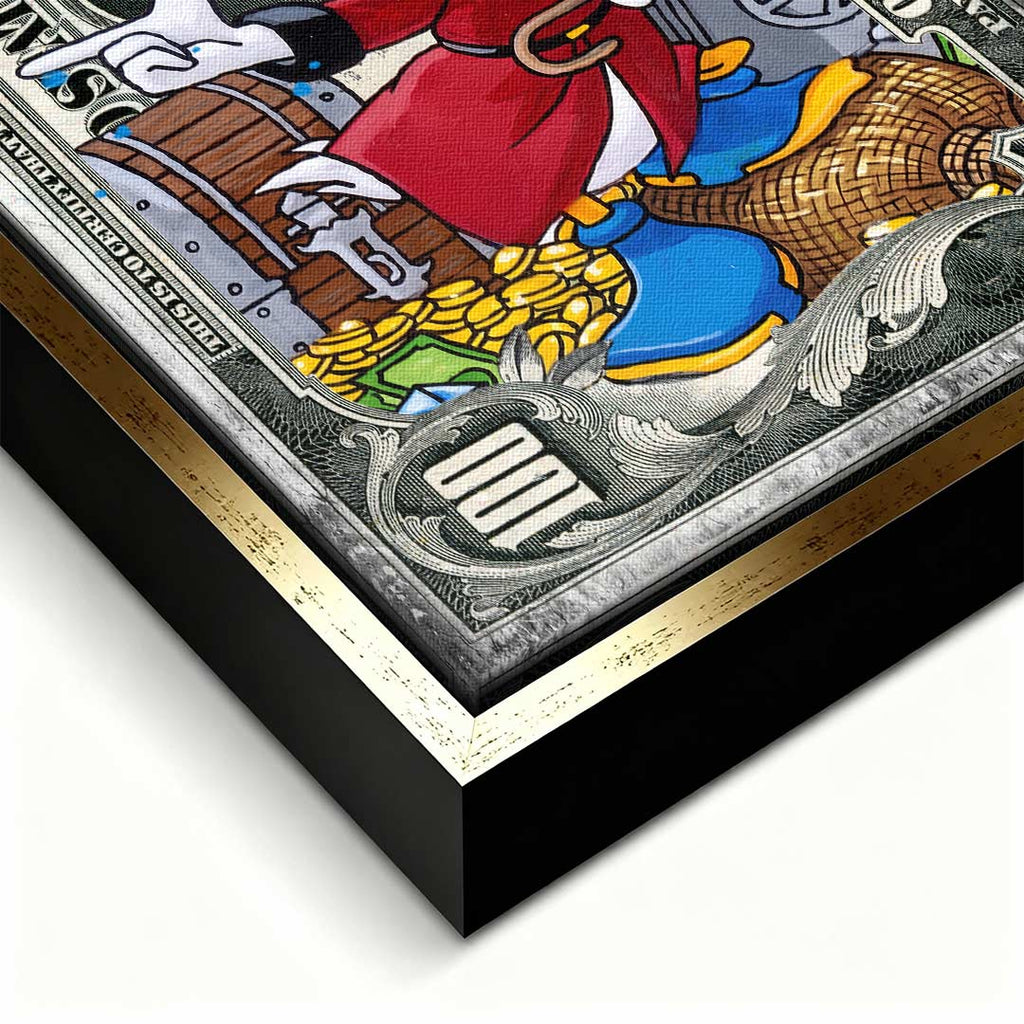 Obraz na płótnie Work Hard Play Hard Duck z komiksową kaczą postacią, monetami i stylizowanym banknotem, pop-artowy wydruk galeryjny.