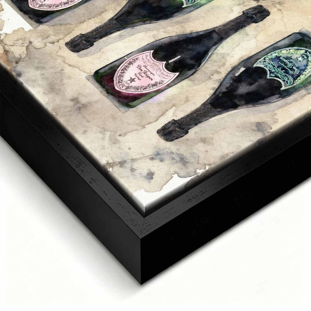 Obraz Dom Pérignon na płótnie z butelkami szampana – akwarelowy styl, elegancka kompozycja, luksusowa dekoracja ścienna Huephant.