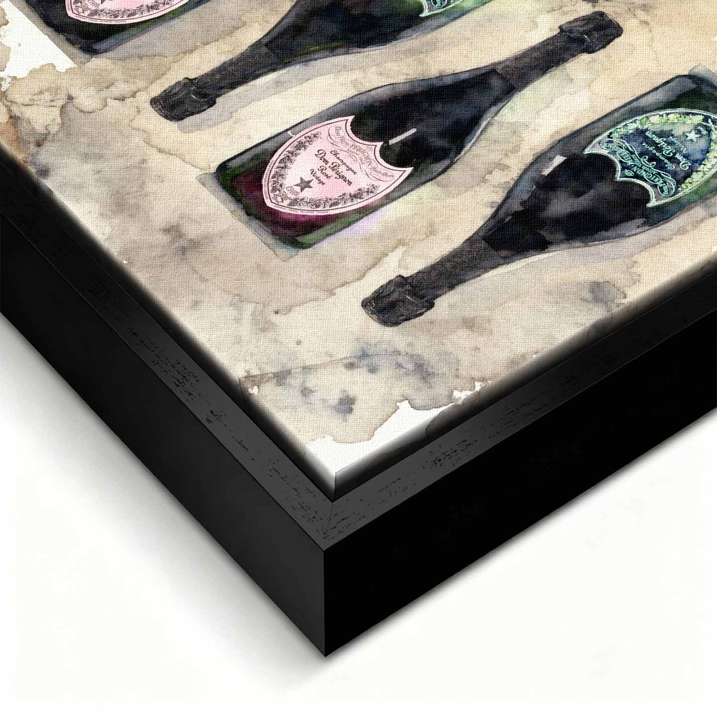 Obraz Dom Pérignon na płótnie z butelkami szampana – akwarelowy styl, elegancka kompozycja, luksusowa dekoracja ścienna Huephant.