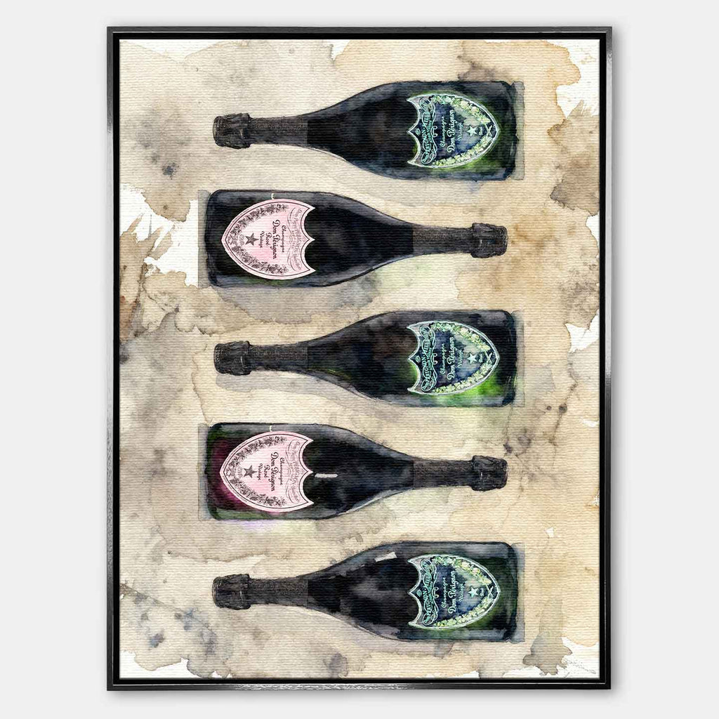 Obraz Dom Pérignon na płótnie z butelkami szampana – akwarelowy styl, elegancka kompozycja, luksusowa dekoracja ścienna Huephant.