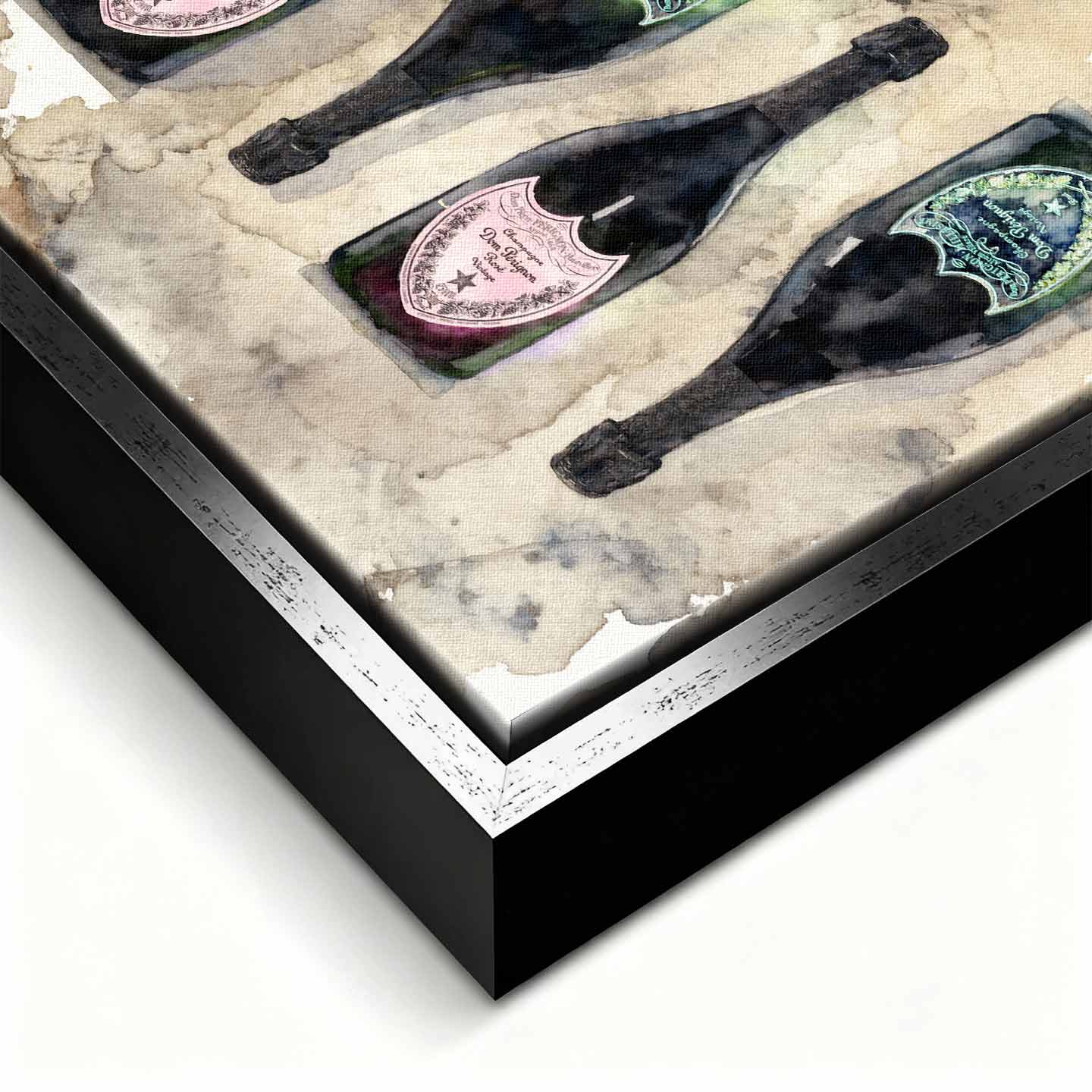 Obraz Dom Pérignon na płótnie z butelkami szampana – akwarelowy styl, elegancka kompozycja, luksusowa dekoracja ścienna Huephant.