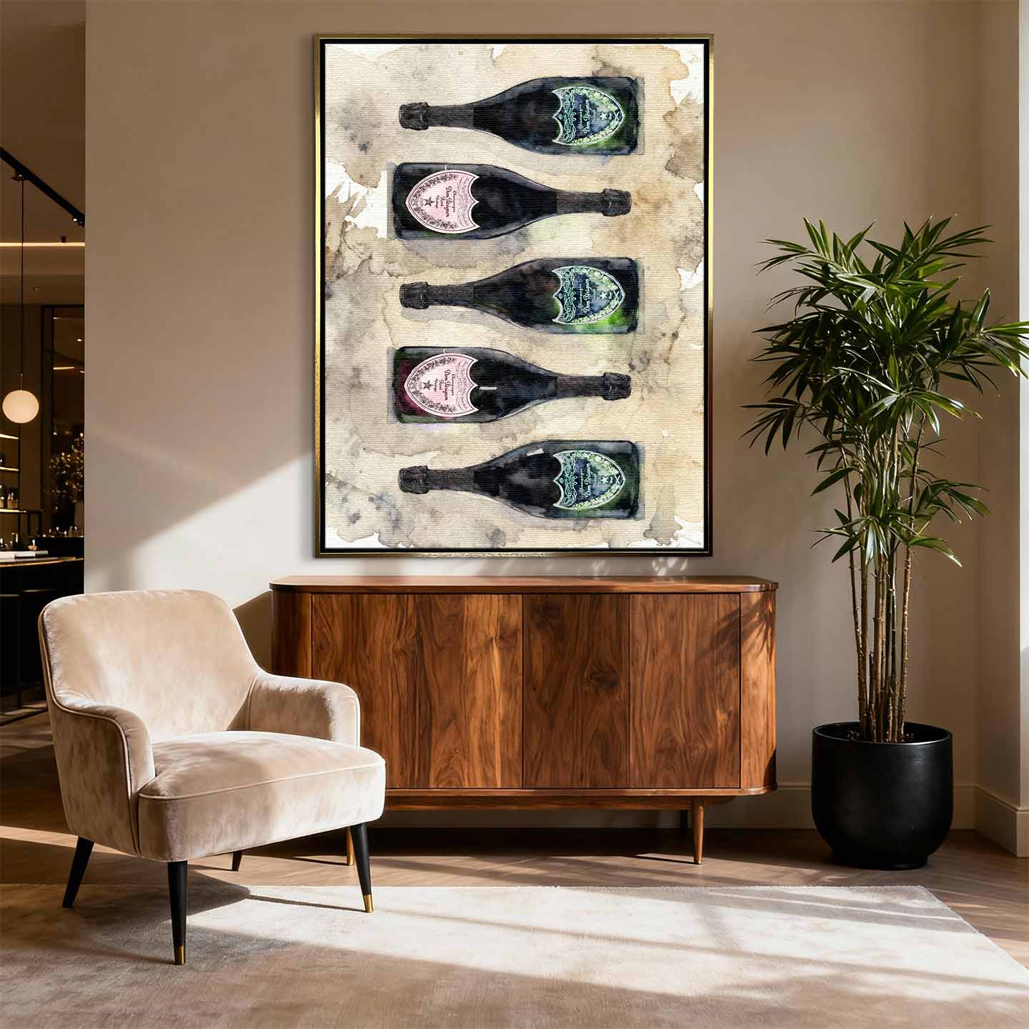 Obraz Dom Pérignon na płótnie z butelkami szampana – akwarelowy styl, elegancka kompozycja, luksusowa dekoracja ścienna Huephant.