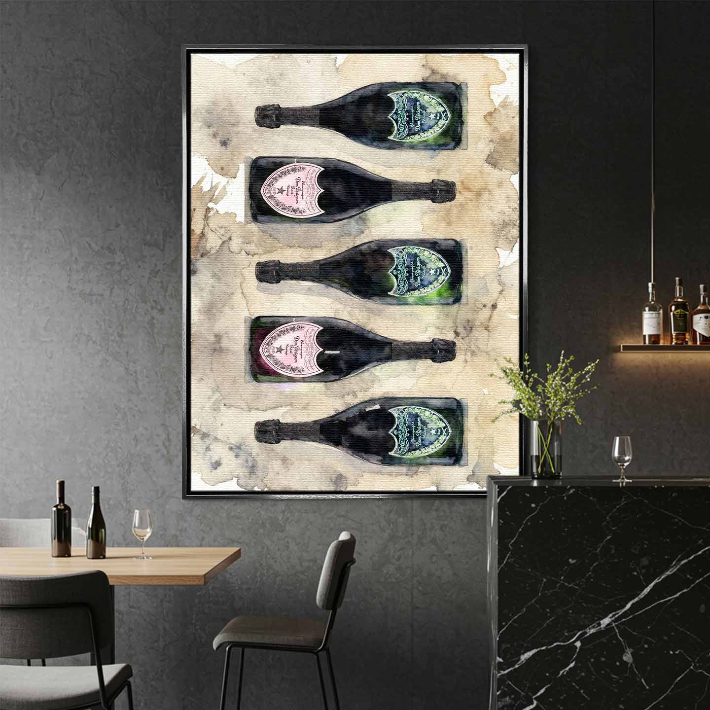 Obraz Dom Pérignon na płótnie z butelkami szampana – akwarelowy styl, elegancka kompozycja, luksusowa dekoracja ścienna Huephant.