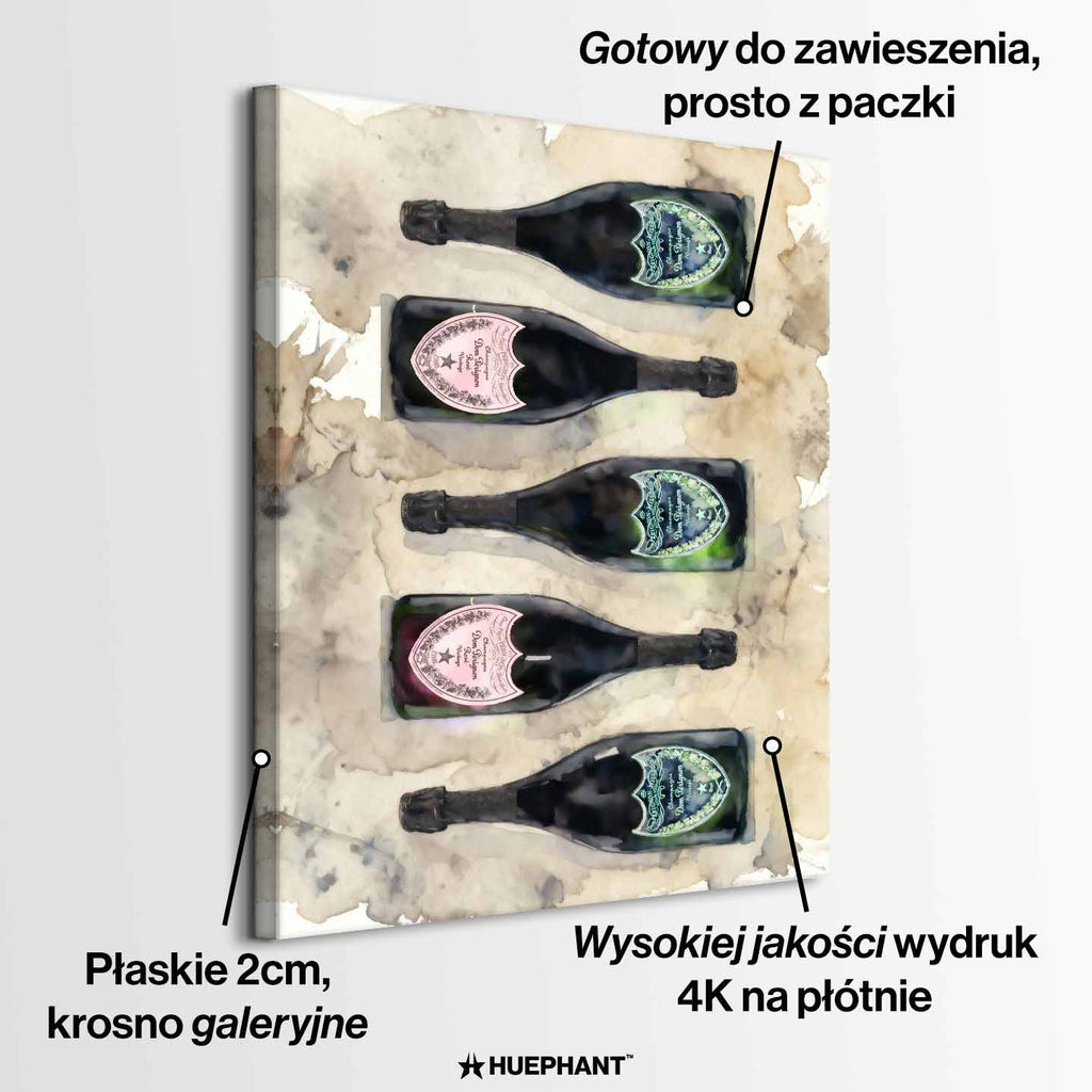 Obraz Dom Pérignon na płótnie z butelkami szampana – akwarelowy styl, elegancka kompozycja, luksusowa dekoracja ścienna Huephant.
