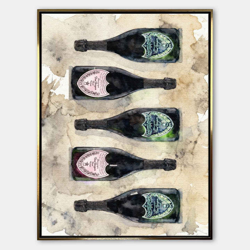 Obraz Dom Pérignon na płótnie z butelkami szampana – akwarelowy styl, elegancka kompozycja, luksusowa dekoracja ścienna Huephant.