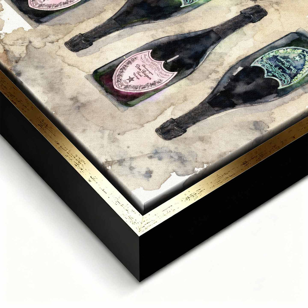 Obraz Dom Pérignon na płótnie z butelkami szampana – akwarelowy styl, elegancka kompozycja, luksusowa dekoracja ścienna Huephant.