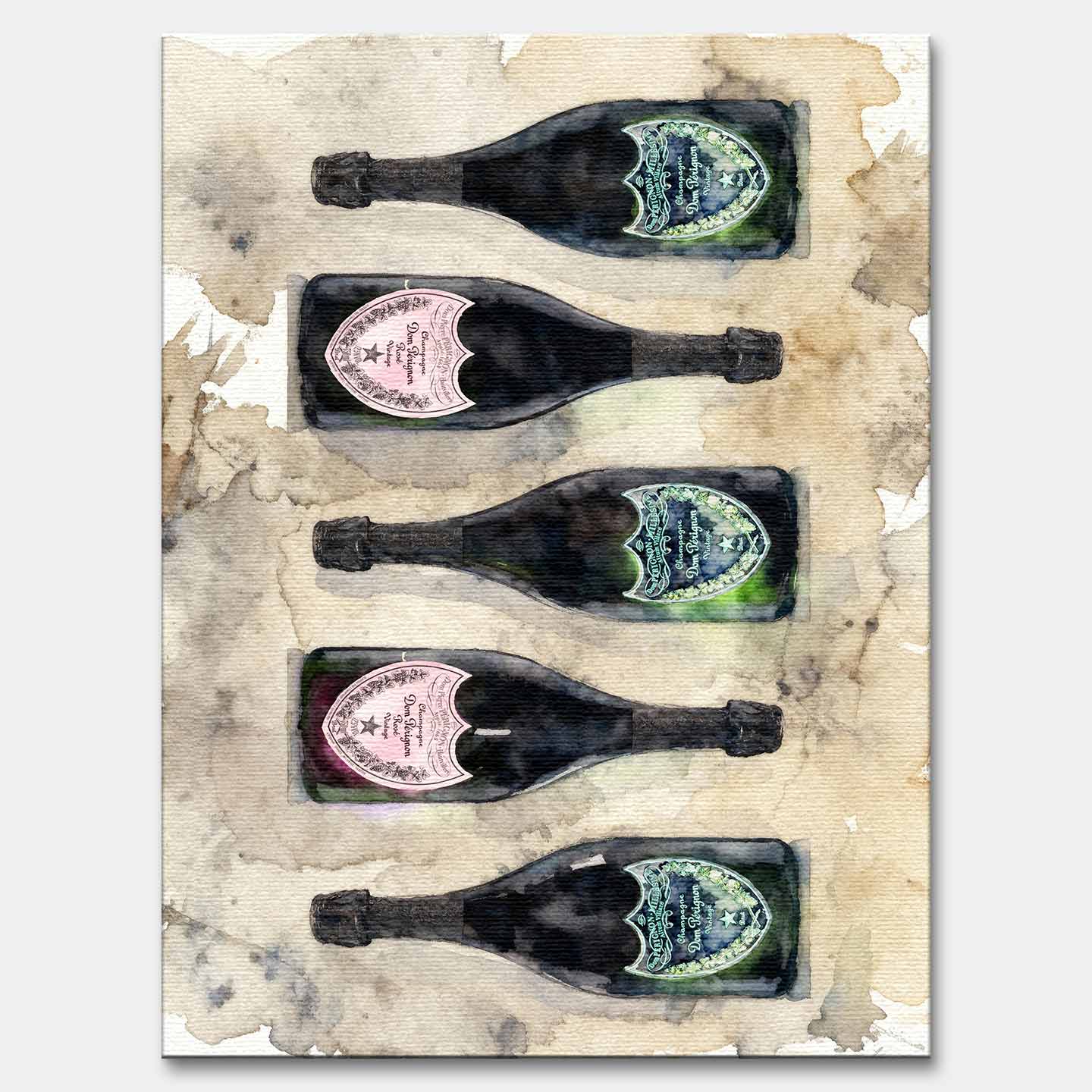 Obraz Dom Pérignon na płótnie z butelkami szampana – akwarelowy styl, elegancka kompozycja, luksusowa dekoracja ścienna Huephant.