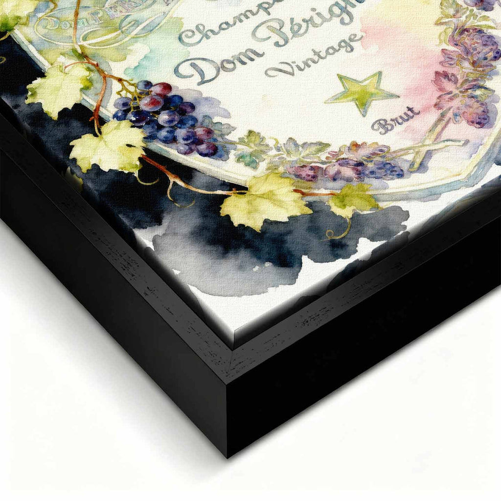 Obraz z etykietą szampana Dom Pérignon na płótnie Dom Label - akwarelowa z winoroślą, elegancka dekoracja ścienna Huephant.