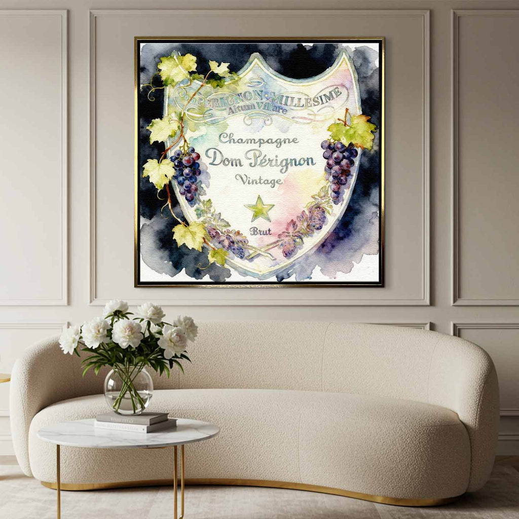 Obraz z etykietą szampana Dom Pérignon na płótnie Dom Label - akwarelowa z winoroślą, elegancka dekoracja ścienna Huephant.