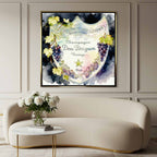 Obraz z etykietą szampana Dom Pérignon na płótnie Dom Label - akwarelowa z winoroślą, elegancka dekoracja ścienna Huephant.