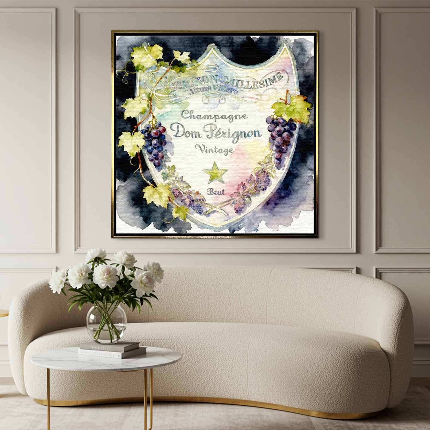 Obraz z etykietą szampana Dom Pérignon na płótnie Dom Label - akwarelowa z winoroślą, elegancka dekoracja ścienna Huephant.