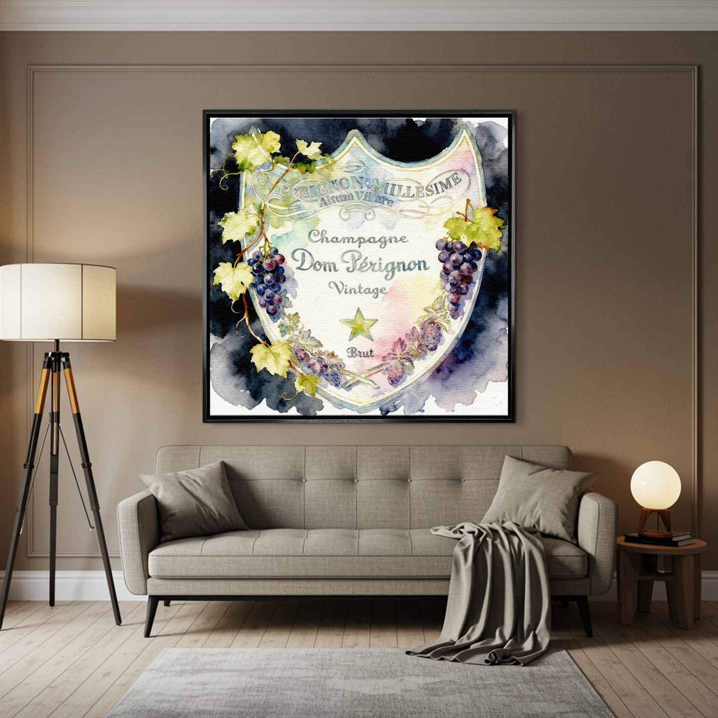 Obraz z etykietą szampana Dom Pérignon na płótnie Dom Label - akwarelowa z winoroślą, elegancka dekoracja ścienna Huephant.