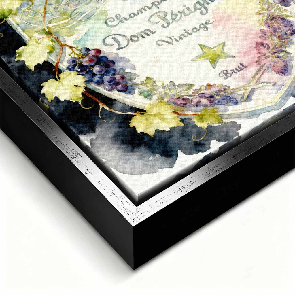 Obraz z etykietą szampana Dom Pérignon na płótnie Dom Label - akwarelowa z winoroślą, elegancka dekoracja ścienna Huephant.