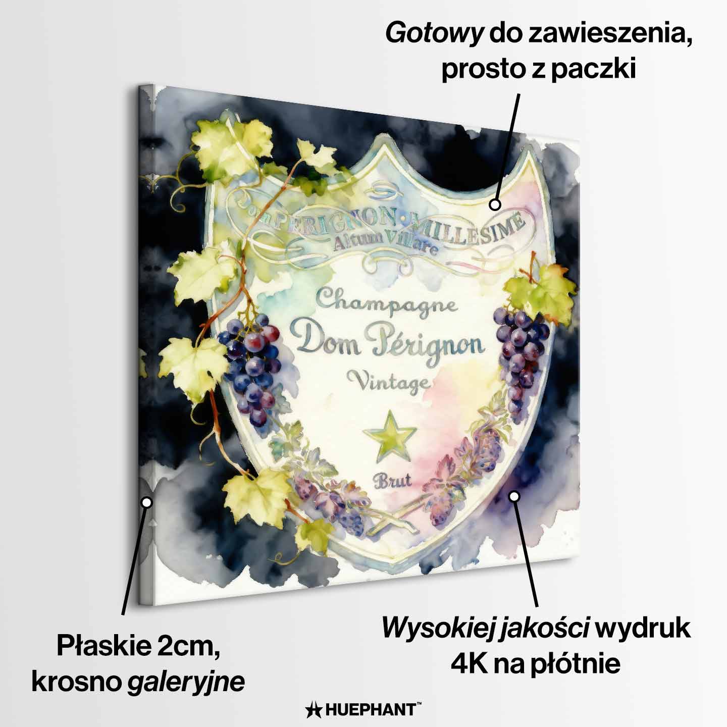 Obraz z etykietą szampana Dom Pérignon na płótnie Dom Label - akwarelowa z winoroślą, elegancka dekoracja ścienna Huephant.