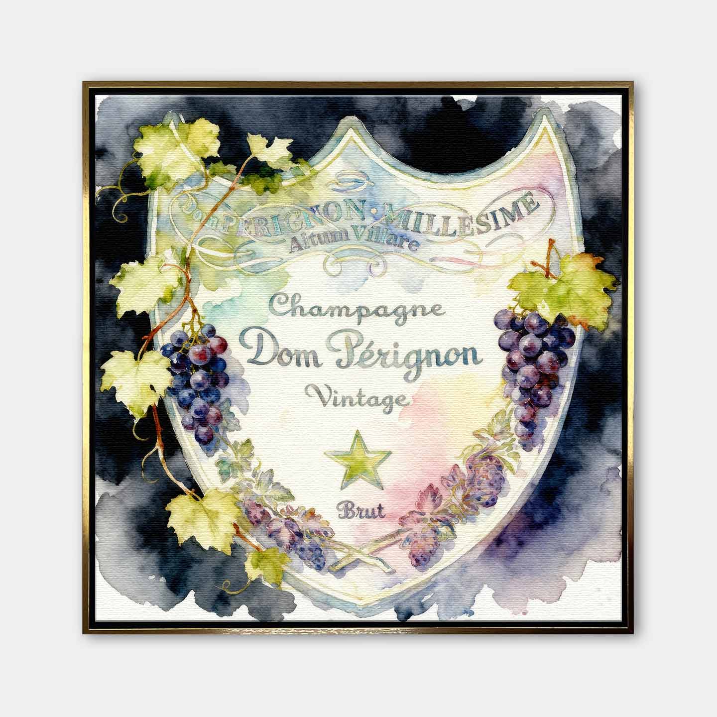 Obraz z etykietą szampana Dom Pérignon na płótnie Dom Label - akwarelowa z winoroślą, elegancka dekoracja ścienna Huephant.