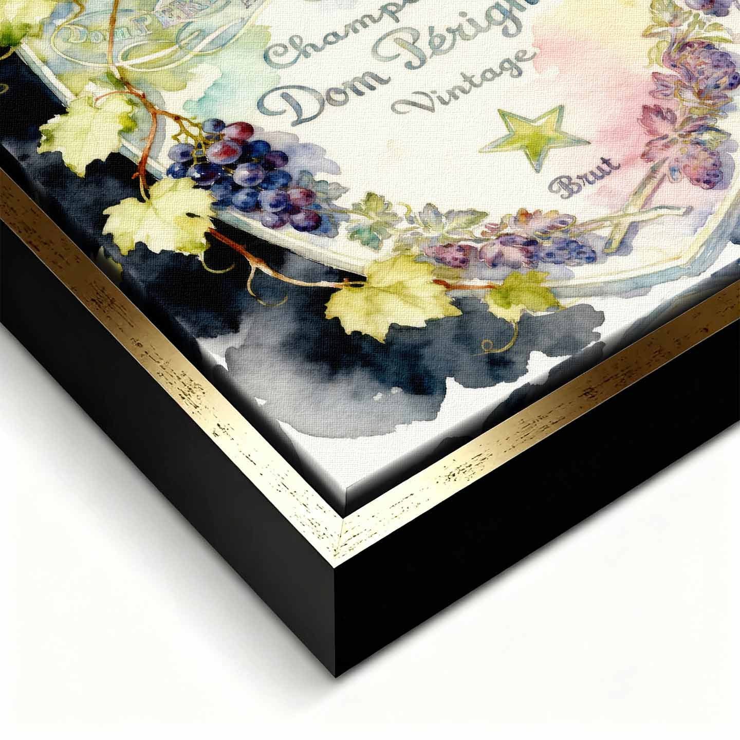 Obraz z etykietą szampana Dom Pérignon na płótnie Dom Label - akwarelowa z winoroślą, elegancka dekoracja ścienna Huephant.