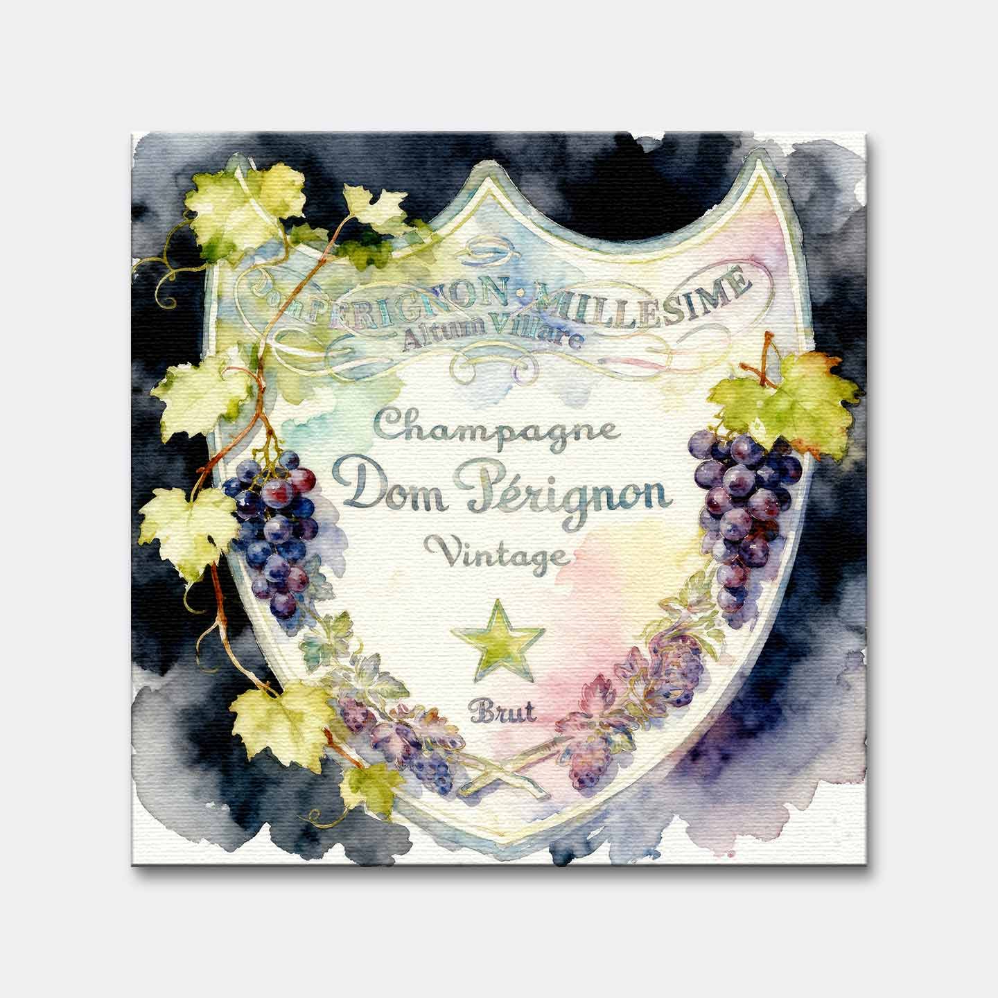 Obraz z etykietą szampana Dom Pérignon na płótnie Dom Label - akwarelowa z winoroślą, elegancka dekoracja ścienna Huephant.