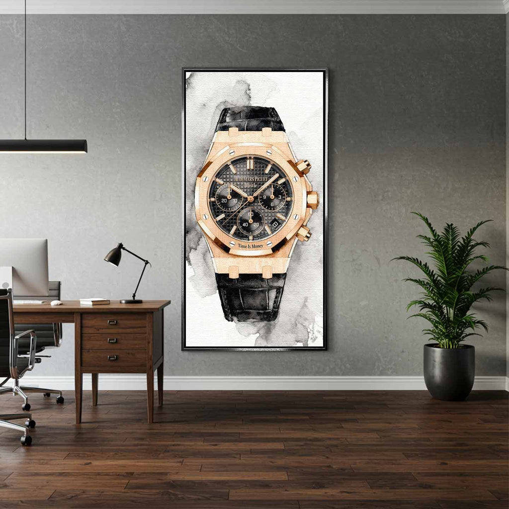 Obraz na płótnie z zegarkiem Audemars Piguet Royal Oak – akwarelowy styl, napis Time is Money, luksusowa dekoracja ścienna Huephant.