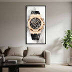 Obraz na płótnie z zegarkiem Audemars Piguet Royal Oak – akwarelowy styl, napis Time is Money, luksusowa dekoracja ścienna Huephant.