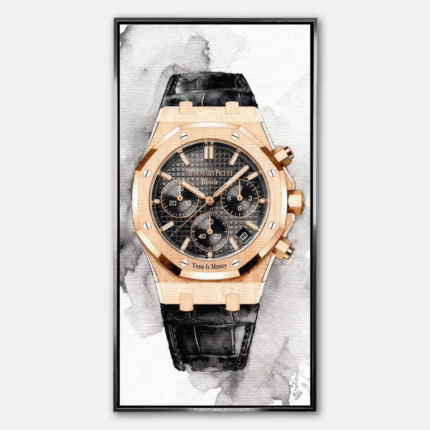 Obraz na płótnie z zegarkiem Audemars Piguet Royal Oak – akwarelowy styl, napis Time is Money, luksusowa dekoracja ścienna Huephant.