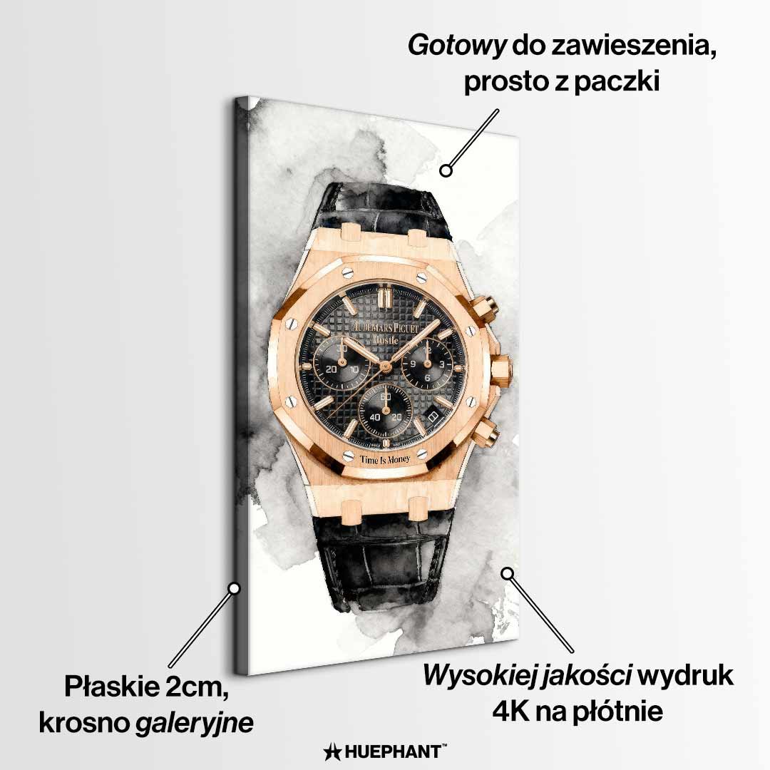 Obraz na płótnie z zegarkiem Audemars Piguet Royal Oak – akwarelowy styl, napis Time is Money, luksusowa dekoracja ścienna Huephant.