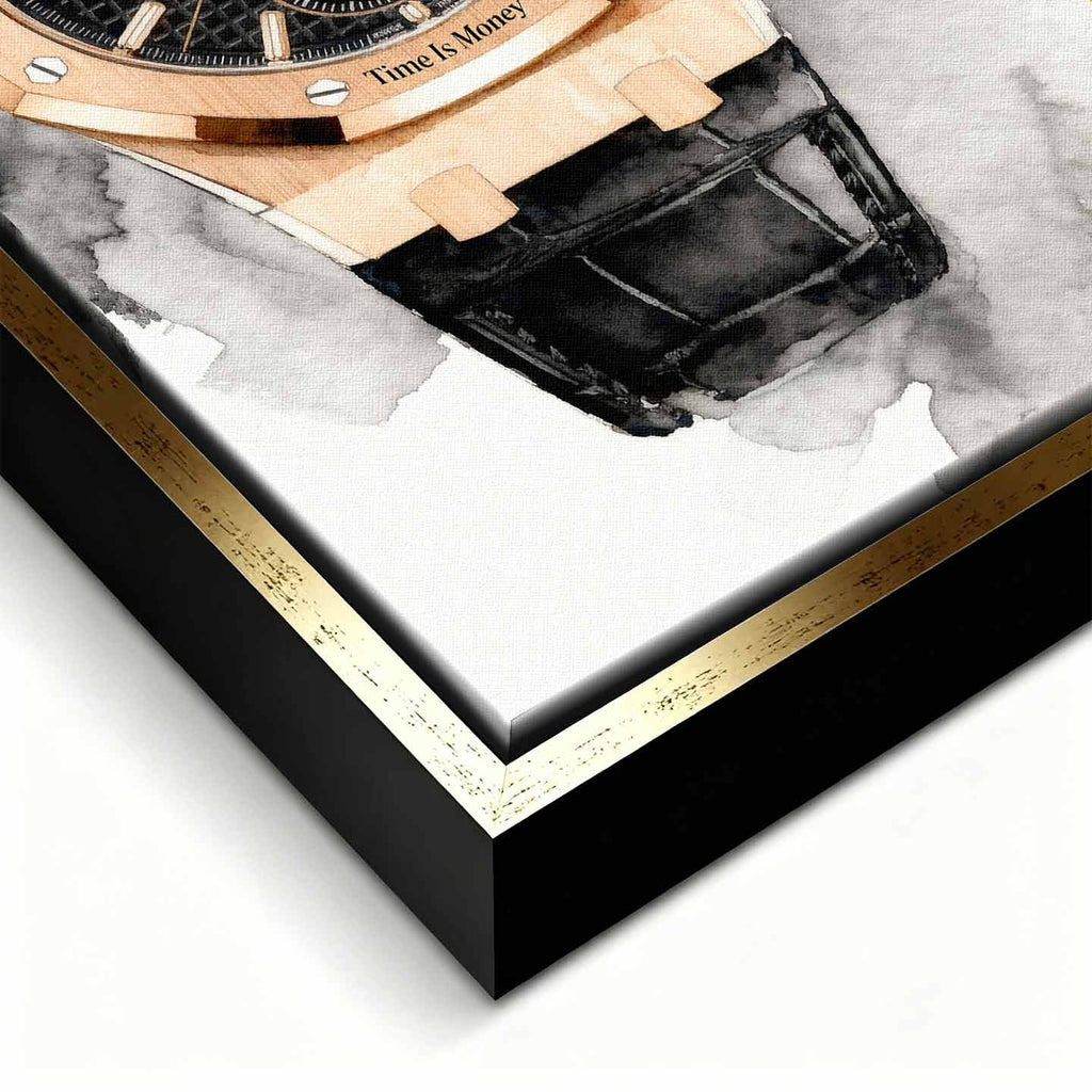 Obraz na płótnie z zegarkiem Audemars Piguet Royal Oak – akwarelowy styl, napis Time is Money, luksusowa dekoracja ścienna Huephant.