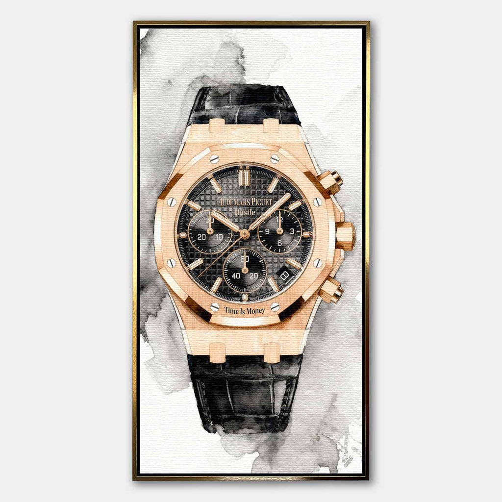 Obraz na płótnie z zegarkiem Audemars Piguet Royal Oak – akwarelowy styl, napis Time is Money, luksusowa dekoracja ścienna Huephant.