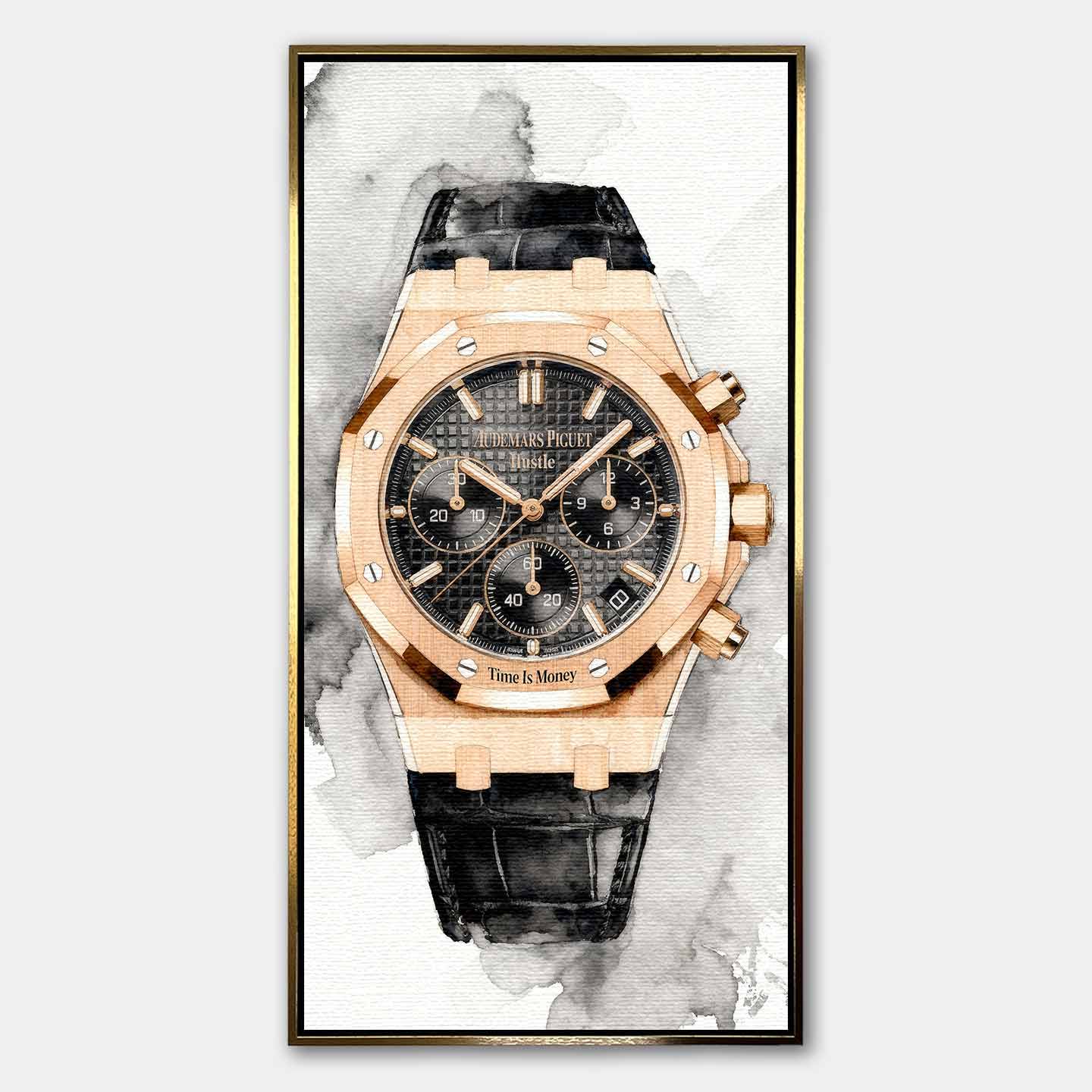 Obraz na płótnie z zegarkiem Audemars Piguet Royal Oak – akwarelowy styl, napis Time is Money, luksusowa dekoracja ścienna Huephant.