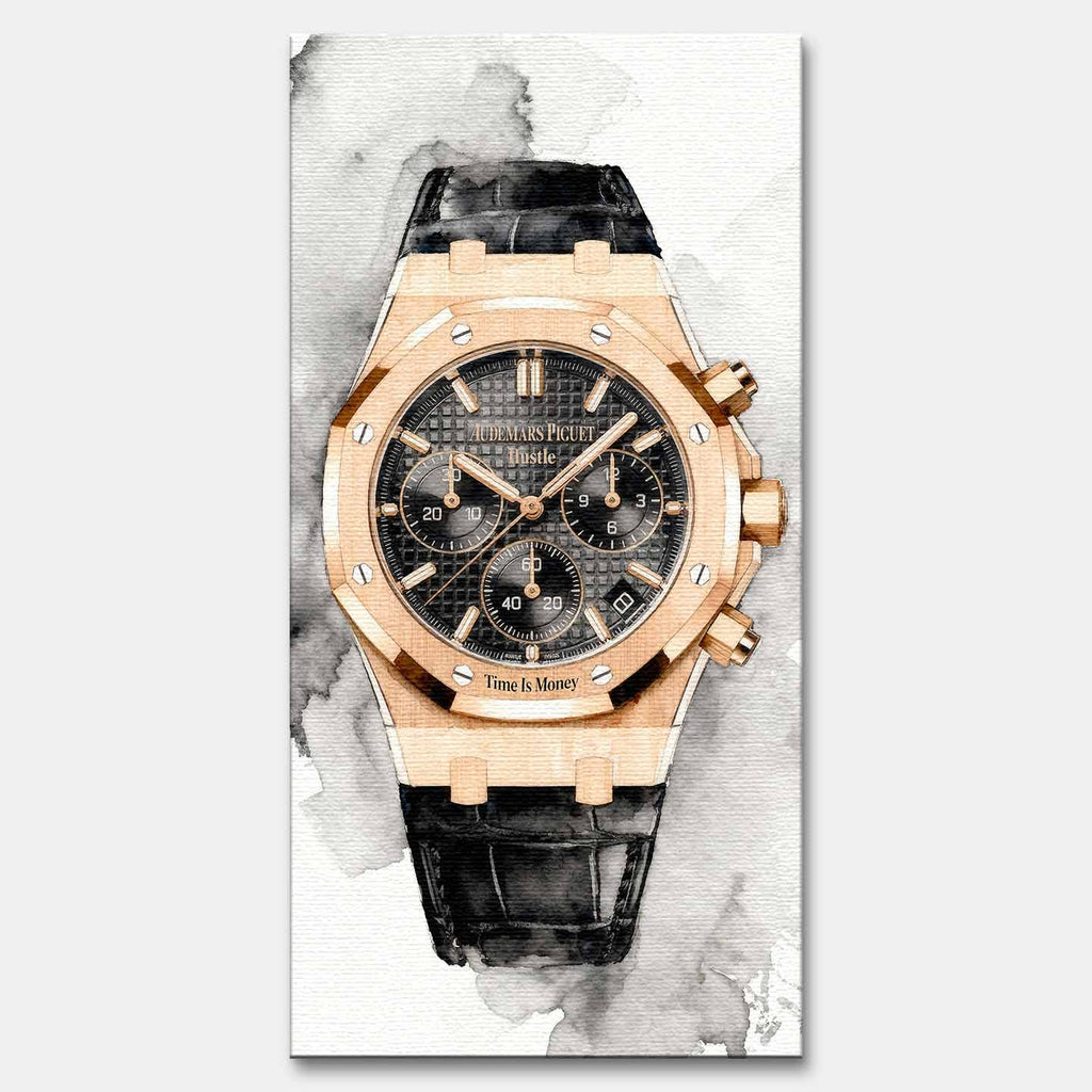 Obraz na płótnie z zegarkiem Audemars Piguet Royal Oak – akwarelowy styl, napis Time is Money, luksusowa dekoracja ścienna Huephant.