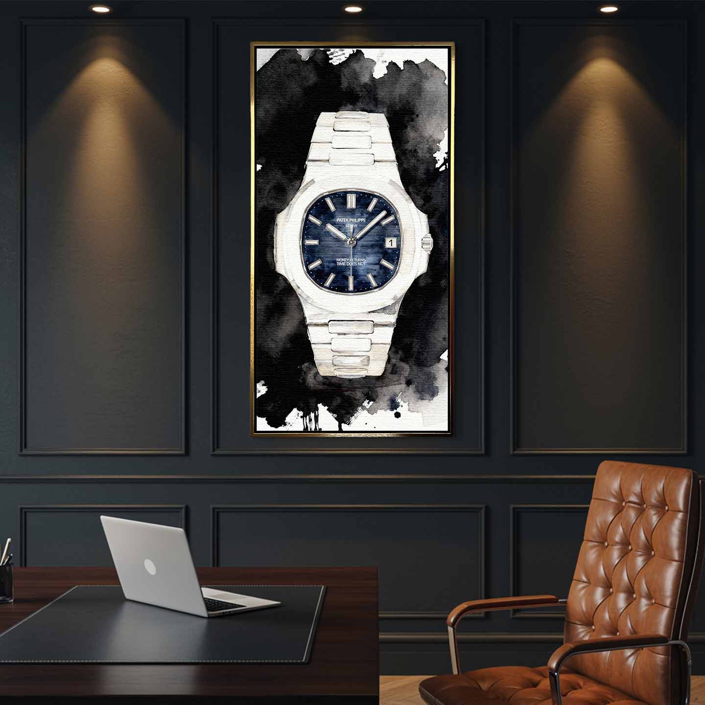 Obraz na płótnie Patek Philippe Nautilus – z cytatem Money Returns Time Does Not, akwarelowy zegarek z niebieską tarczą, luksusowa dekoracja ścienna Huephant.