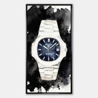 Obraz na płótnie Patek Philippe Nautilus – z cytatem Money Returns Time Does Not, akwarelowy zegarek z niebieską tarczą, luksusowa dekoracja ścienna Huephant.