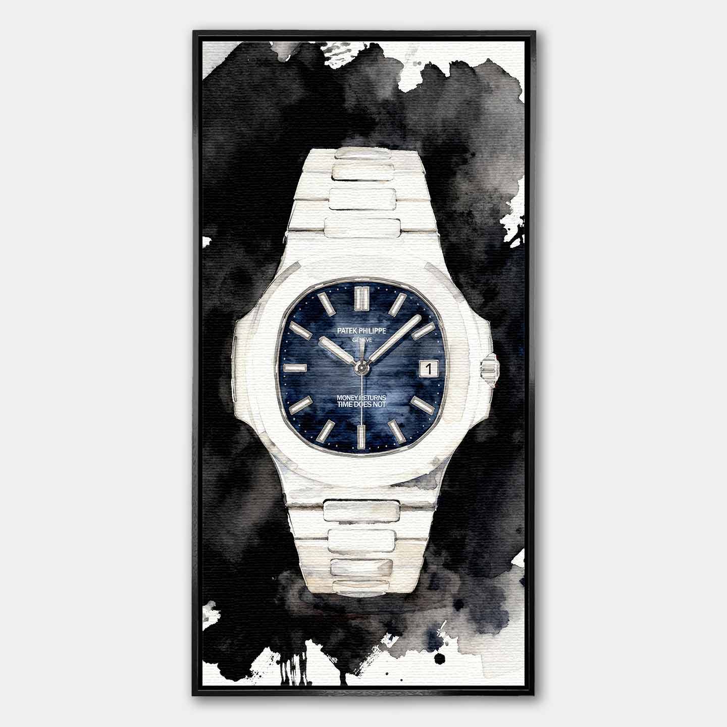 Obraz na płótnie Patek Philippe Nautilus – z cytatem Money Returns Time Does Not, akwarelowy zegarek z niebieską tarczą, luksusowa dekoracja ścienna Huephant.