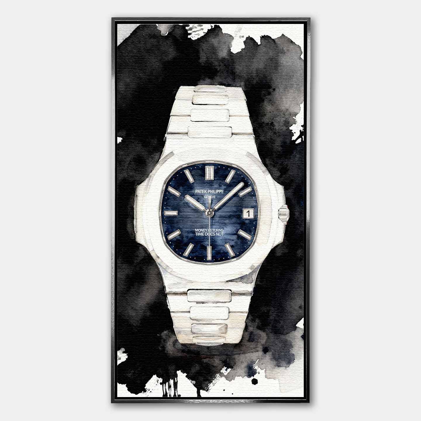 Obraz na płótnie Patek Philippe Nautilus – z cytatem Money Returns Time Does Not, akwarelowy zegarek z niebieską tarczą, luksusowa dekoracja ścienna Huephant.