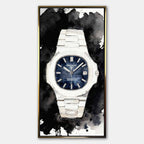 Obraz na płótnie Patek Philippe Nautilus – z cytatem Money Returns Time Does Not, akwarelowy zegarek z niebieską tarczą, luksusowa dekoracja ścienna Huephant.