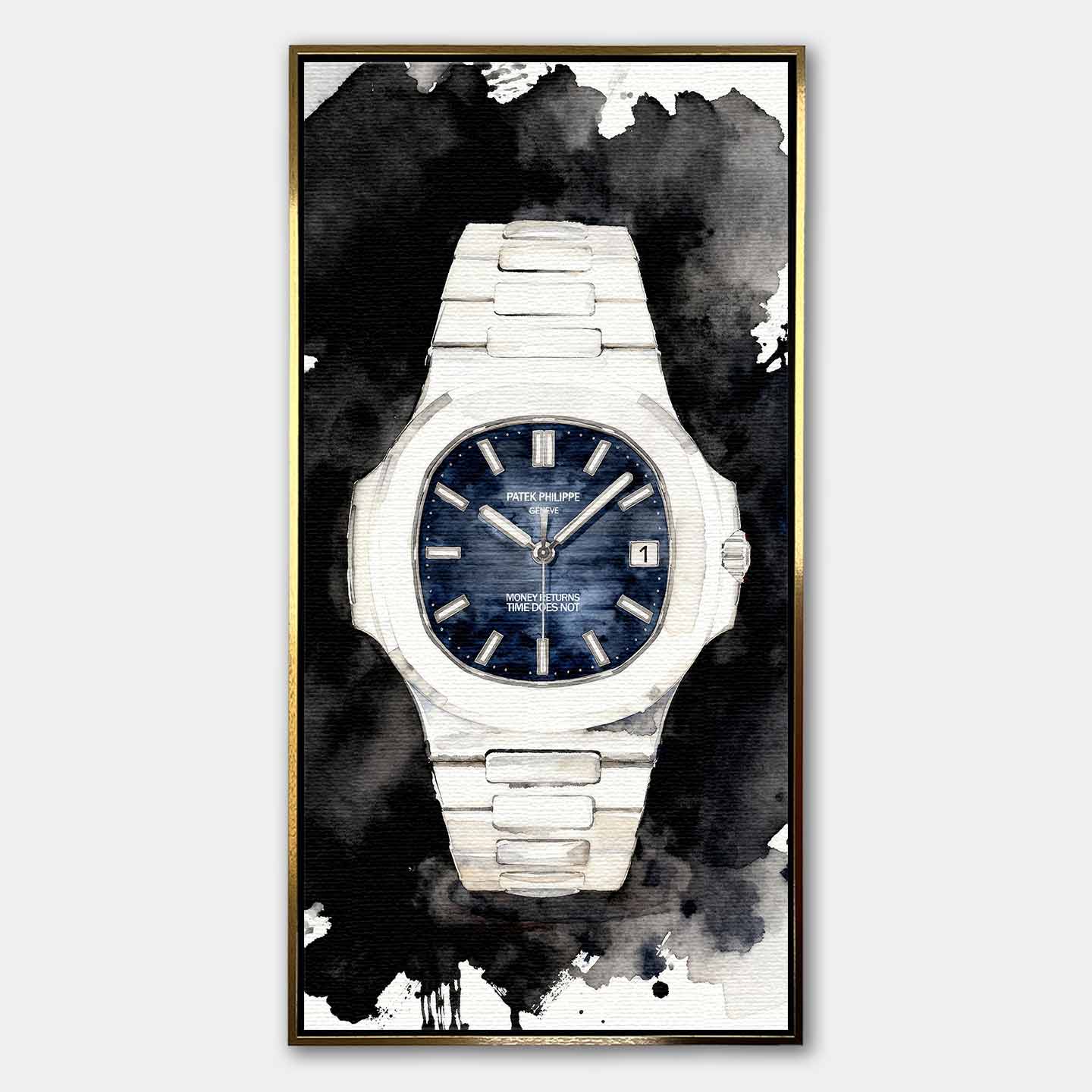 Obraz na płótnie Patek Philippe Nautilus – z cytatem Money Returns Time Does Not, akwarelowy zegarek z niebieską tarczą, luksusowa dekoracja ścienna Huephant.