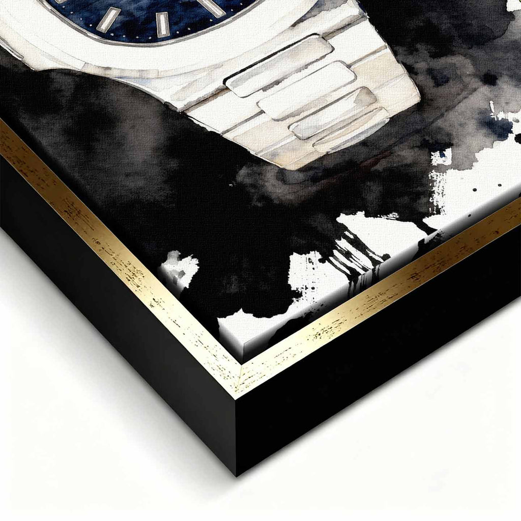 Obraz na płótnie Patek Philippe Nautilus – z cytatem Money Returns Time Does Not, akwarelowy zegarek z niebieską tarczą, luksusowa dekoracja ścienna Huephant.