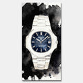 Obraz na płótnie Patek Philippe Nautilus – z cytatem Money Returns Time Does Not, akwarelowy zegarek z niebieską tarczą, luksusowa dekoracja ścienna Huephant.