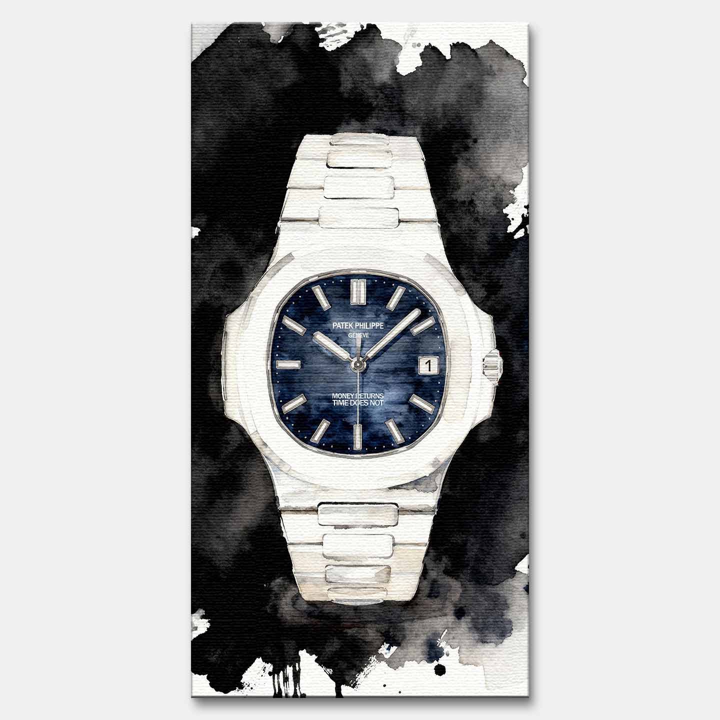 Obraz na płótnie Patek Philippe Nautilus – z cytatem Money Returns Time Does Not, akwarelowy zegarek z niebieską tarczą, luksusowa dekoracja ścienna Huephant.