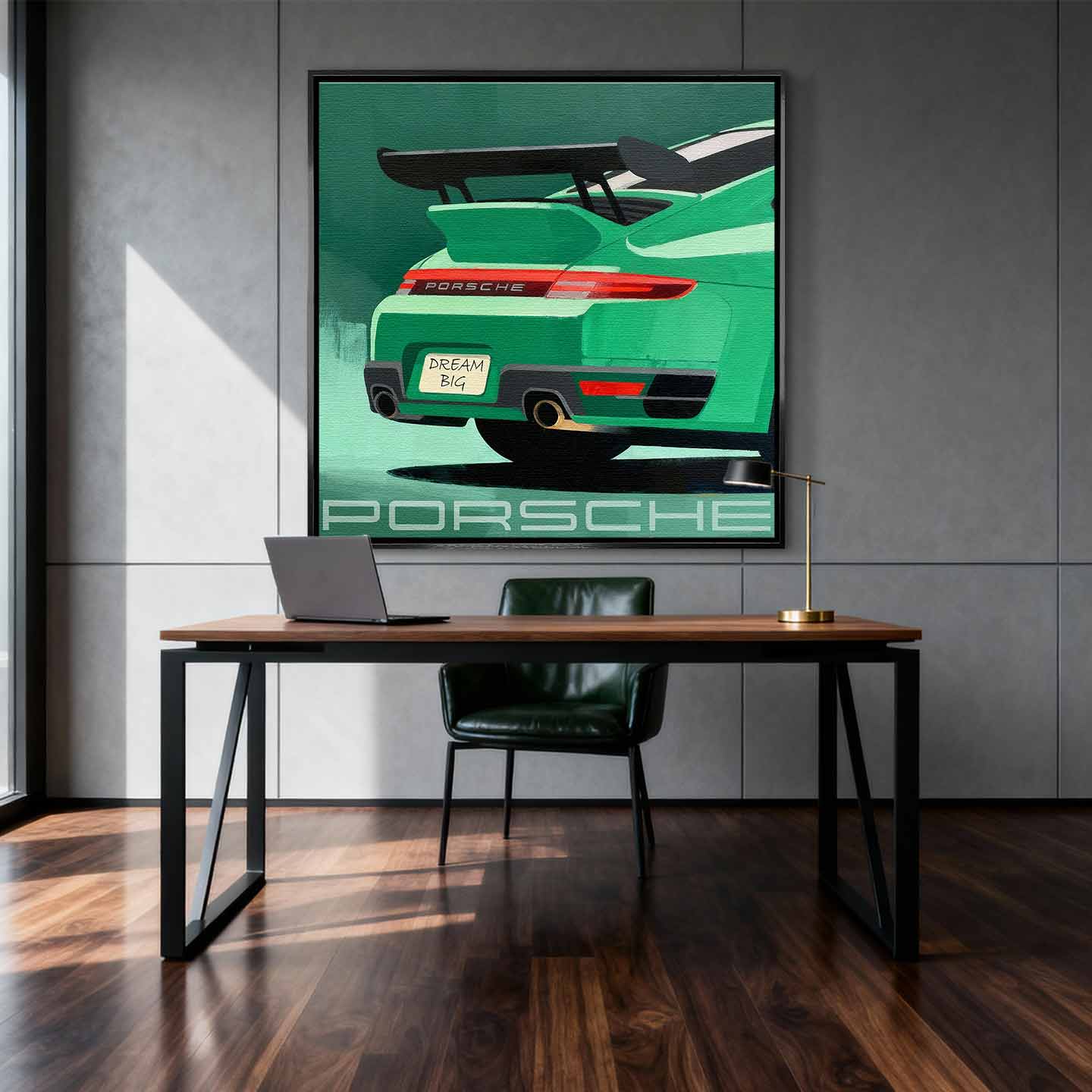 Obraz na płótnie Porsche 911 w zielonym kolorze z tablicą „Dream Big” – sztuka z kultowym sportowym samochodem, idealna do biura lub garażu pasjonata.