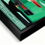 Obraz na płótnie Porsche 911 w zielonym kolorze z tablicą „Dream Big” – sztuka z kultowym sportowym samochodem, idealna do biura lub garażu pasjonata.