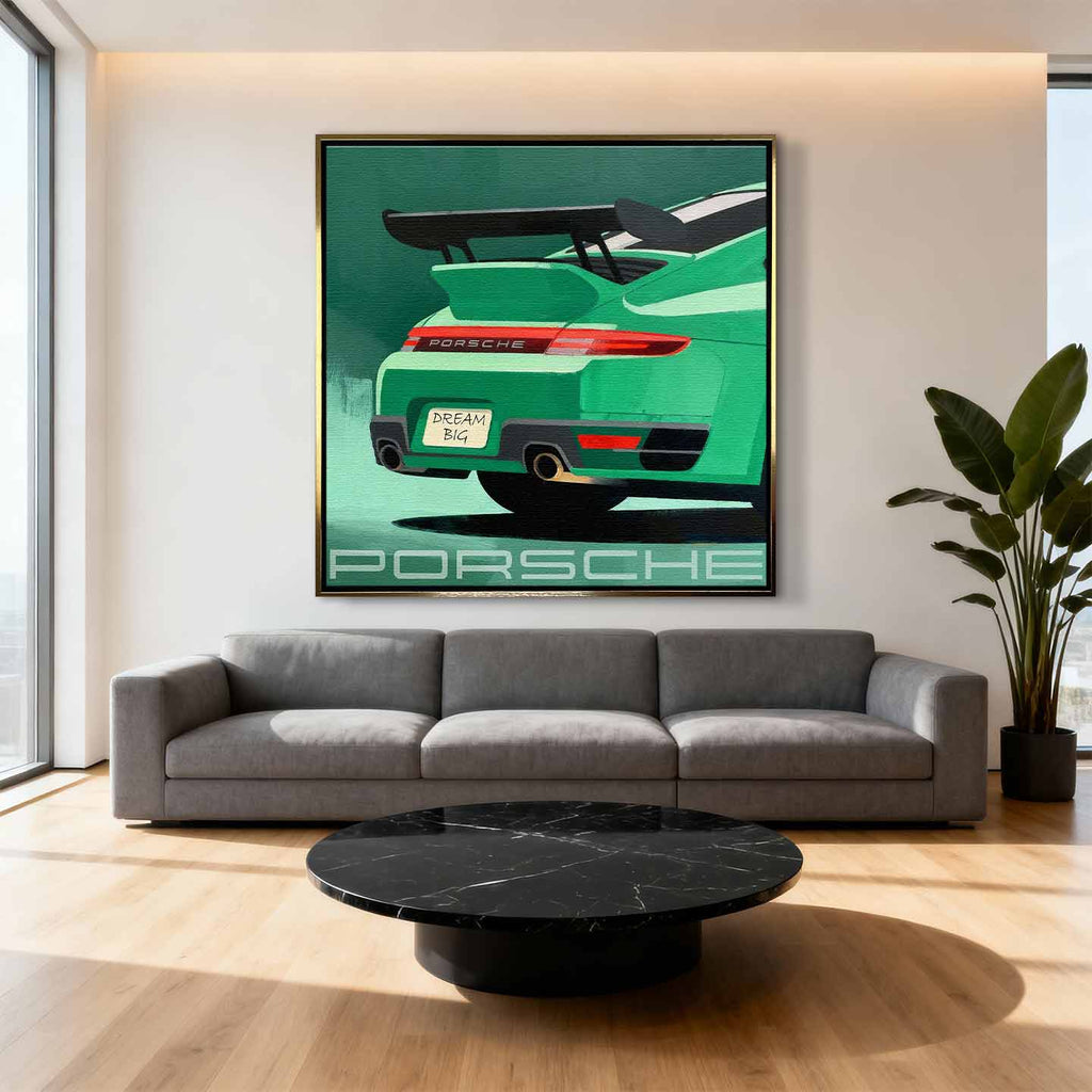 Obraz na płótnie Porsche 911 w zielonym kolorze z tablicą „Dream Big” – sztuka z kultowym sportowym samochodem, idealna do biura lub garażu pasjonata.